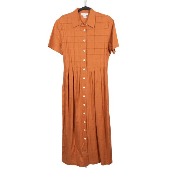 Betsy'S Things Dresses & Skirts - VTG Linen Shirt Dress 10 Burnt Orange Brown Modest Button Up SS Collar Tie Back
